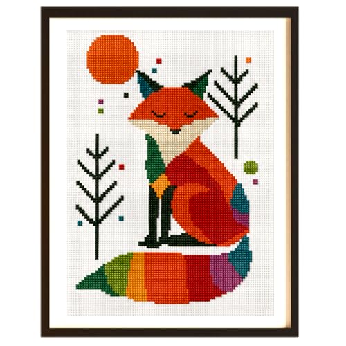 Image of Zhenqing Rainbow Fox Cross Stitch Kit - 11CT Pre-Printed 28x38cm Fabric with Threads & Needle (No Tools) (68571)