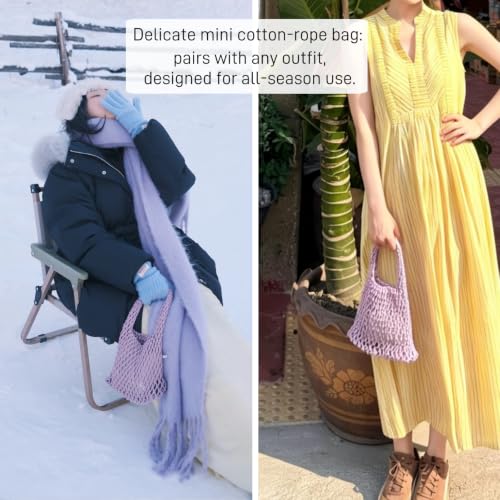 Image of Mini Clutch Handbag Fishing Net Bucket Bag Cotton Rope Crochet Drawstring Woven Beach Bag Small Tote for Women Girls