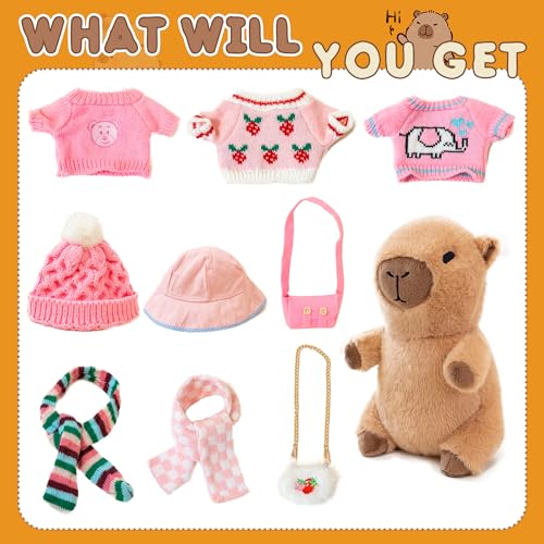 Image of Capybara Plush for Boys Girls Birthday Dress Up Cute Plushies,10 Pcs Set,9 Clothes and Accessories Kawaii Stuffed Animal Plushie Toy, Soft Peluche Doll for Kids 10.2 in