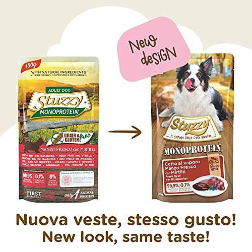 Stuzzy, Monoprotein Grain & Gluten Free, Nassfutter für Erwachsene Hunde mit frischem Rindfleisch und Blaubeeren, zubereitet in Pastete - insgesamt 1,8 kg (12 Beutel à 150 g)