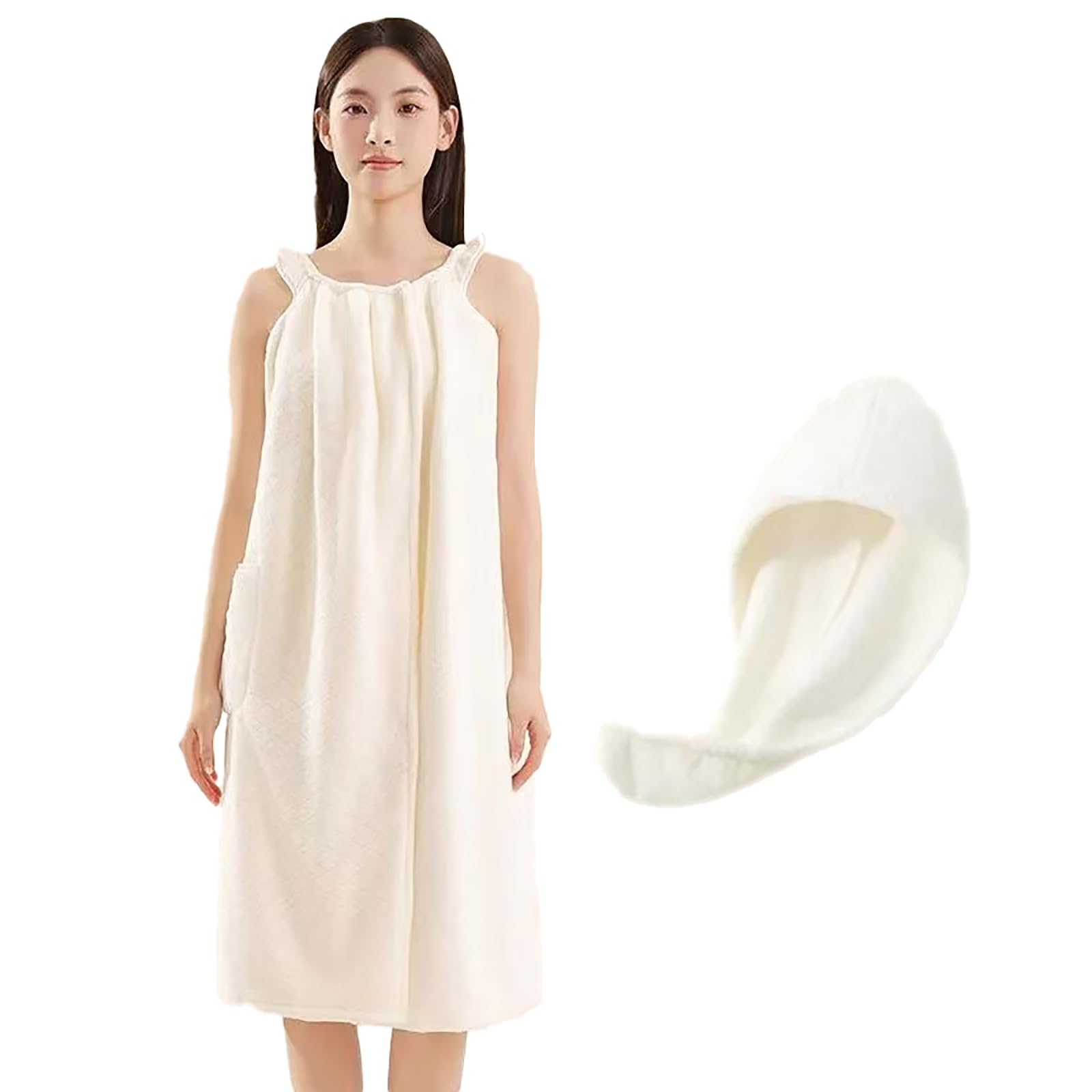 Wearable Towels for Women with Microfiber Hair Towel, Quick Dry Lightweight Bathrobe Set, Shower Wrap Towel Dress for Women After Shower, Long Robes (White)