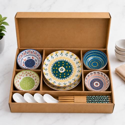 Image of Ceramic Dinnerware Set, Japanese Asian Cuisine Bowls and Plates for Dinner, Rice, Soup, Dessert, Salad, Gift Box Packed Dinner Set (Multi Color, Pack of 14)