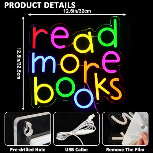 Image of Read More Books Neon Sign for Wall Decor, Reading Led Signs for Library, USB Dimmable Neon Lights for Classroom Reading Corner Bedroom Study Room Home Book Club Motivational Wall Art