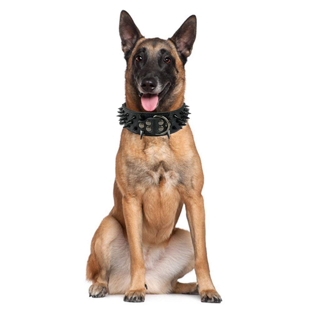 Pimaodog Sharp Spiked Studded Dog Collar 2 Inch Width Stylish Leather Dog Collars for Medium & Large Dogs Pitbull Labrador Boxer Rottweiler German Shepherd (M:17-20 inch, Black-1)