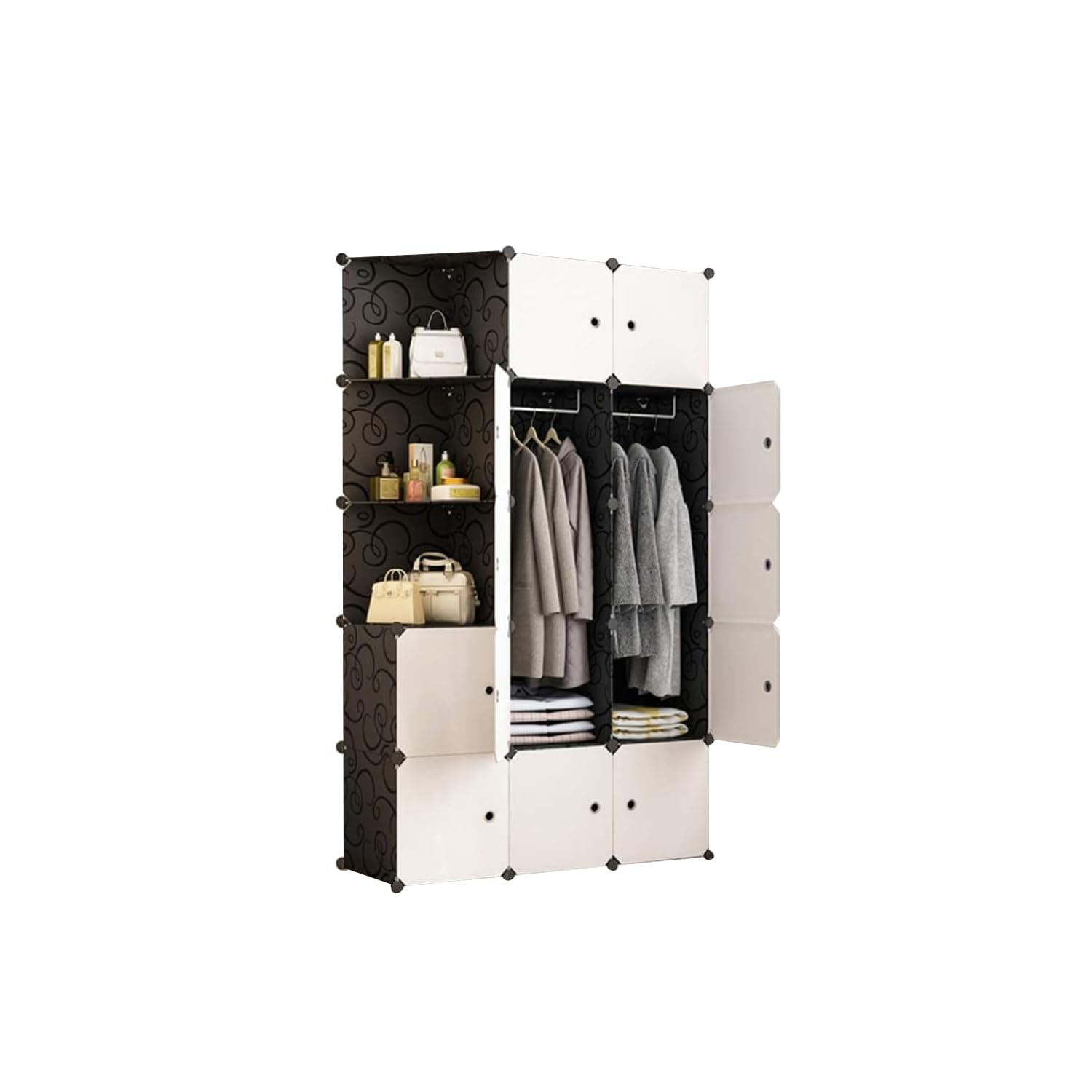 DIY 10 Tier Shoe Rack Sneakers Storage Cube Organizer Modular Storage Organizer with Doors and Hanging Rod (L2_Black)