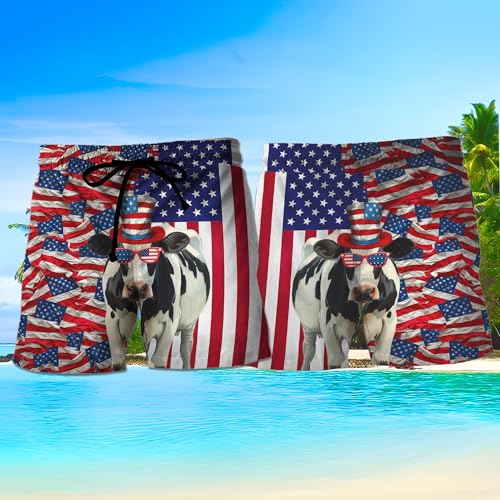 V-DECORPARKS Funny Cow Mens Swim Trunks - Patriotic Swimming Trunk for Men - Drawstring Beach Shorts, Mens Swim Shorts2