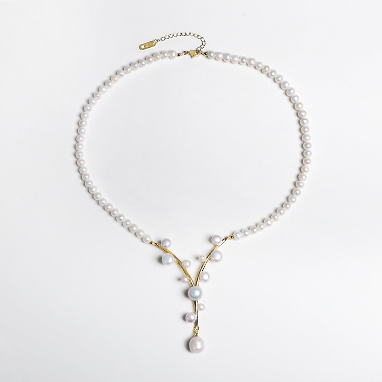 Collier Y Perles d'Eau Douce 4-10mm, Ras du Cou Femme Plaqué Or Fantaisie Mariage, 41+5.5cm