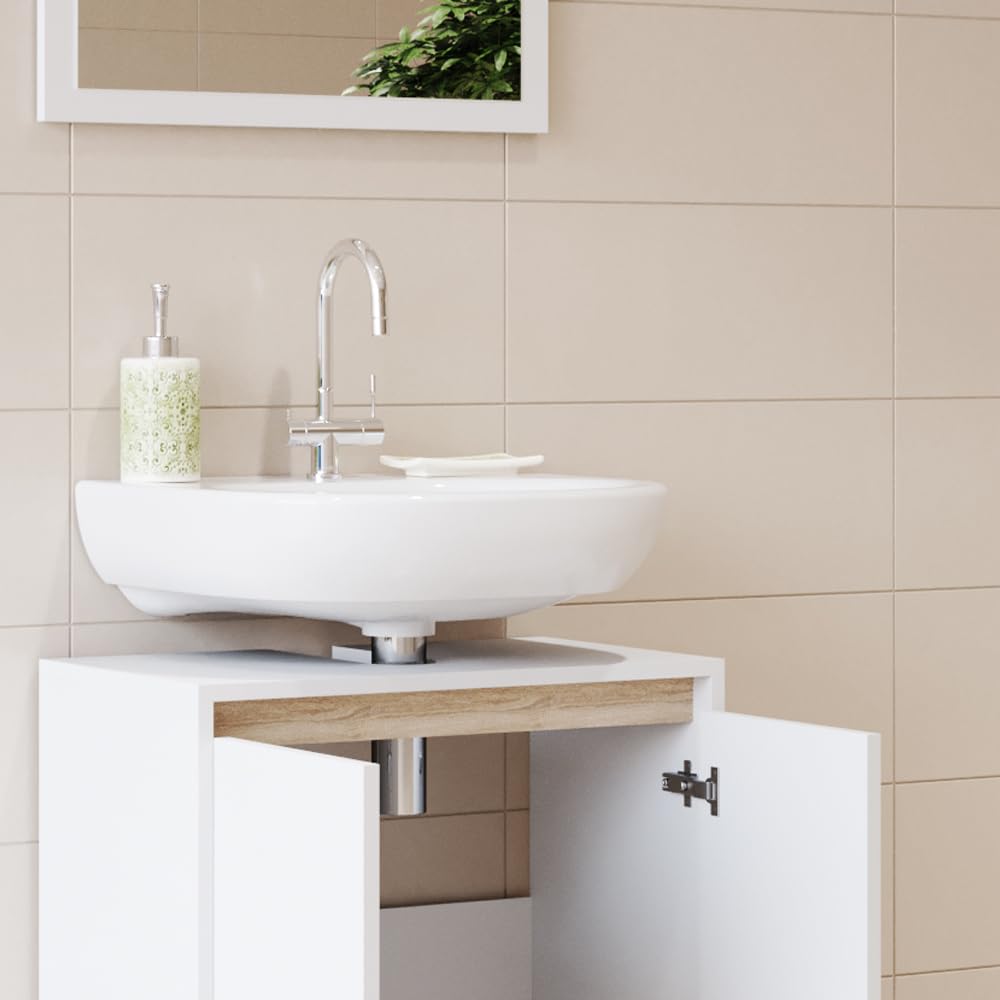 Vicco Set mobili bagno Emma, Bianco/Sonoma, 58 cm, composto da specchio da bagno e mobile sottolavabo