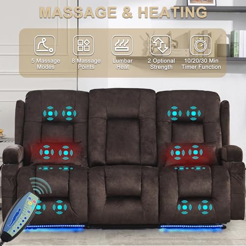 Image of URRED Power Loveseat Recliner Sofa with Massage and Heat, Wall Hugger Reclining Loveseat with Console, RV Couch Home Theater Seating with LED Lights for Living Room (Brown, 76.8 inch - 3 Seats)