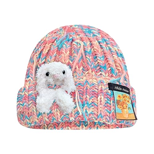 Teens Slouch Elastic Windproof Mixed Color Hat Ear Protector Hat Winter Adult Cycling Skiing Supplies Pink