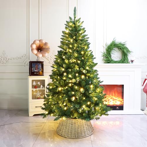 Image of Prelit Christmas Tree Artificial Hinged Xmas Tree with Stand,Multicolor Lights,Decorated for Home Holiday,7FT