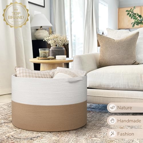 Image of INDRESSME 115L Extra Large Jute Rope Basket, Blanket Basket Home Decor Baby Laundry Baskets for Toys Storage Bedroom, Living Room, Nursery, Boho Hamper for Colthes Towel, White & Camel
