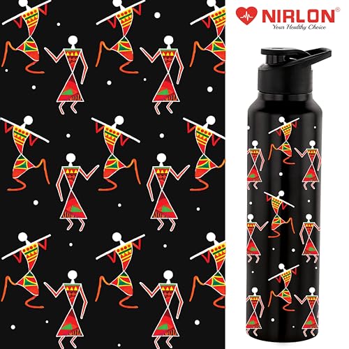 Image of NIRLON Classic Flip UV Printed Single Wall Stainless Steel Sipper Cap Water Bottle 1000ml |Fridge Water Bottle| Office Bottle|Gym Bottle|School Bottle|Treking Bottle|Travel Bottle (Warli Art Black)