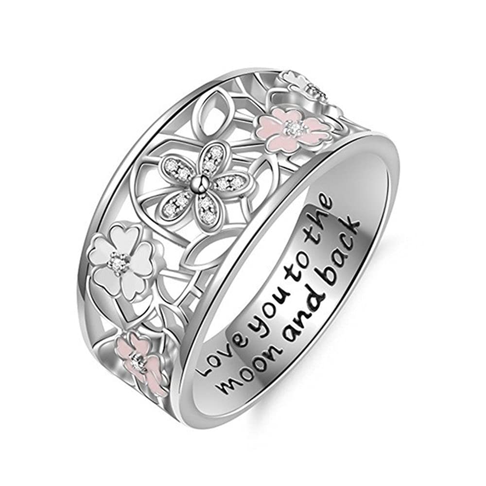 925 Sterling Silver Ring Engraved I Love You to The Moon and Back Eternity Ring Hollow Flower Pattern Ring Cherry Ring for Women ST.013(9)