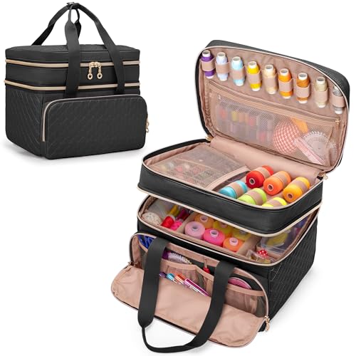 Image of YARWO Double-Layer Sewing Supplies Organizer Bag with 5 Detachable Dividers | Portable Sewing Accessories Storage Case, Multi Pockets for Sewing Kits & Tools, Top Handle, Gifts for Sewing Beginner, Black