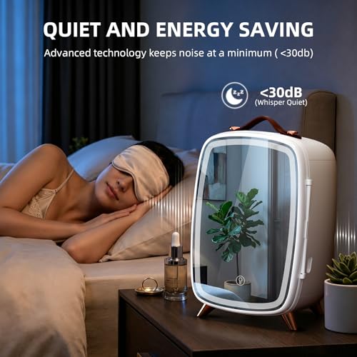 Image of Antarctic Star 6L /8 Cans Makeup Mini Refrigerator with Dimmable LED Light Mirror for Bedroom, Car, Office & Dorm,Portable Small Cooler for Cosmetics,Skin Care,WHITE