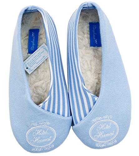 Zapatillas de casa Pantuflas Mujer Azul con Rayas Blancas Talla 39 40 Bordado Hotel Heimat Ringelsuse
