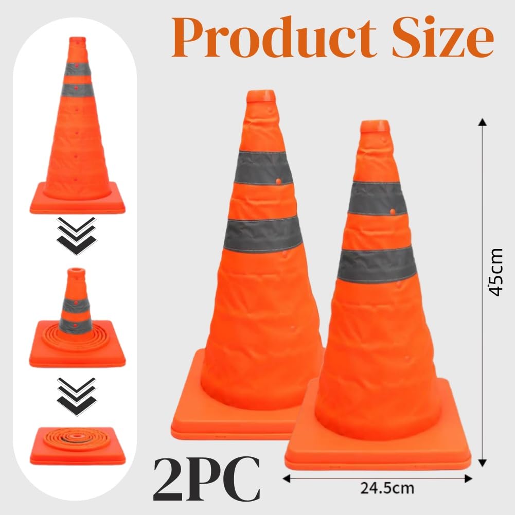 Cônes de Signalisation,Plot,2pcs Cônes Circulation,Cône de Signalisation,Cônes de Sécurité avec Bandes Réfléchissantes,Cônes de Sécurité de la Circulation Pliables,Cônes Pop-Up Polyvalents,45cm