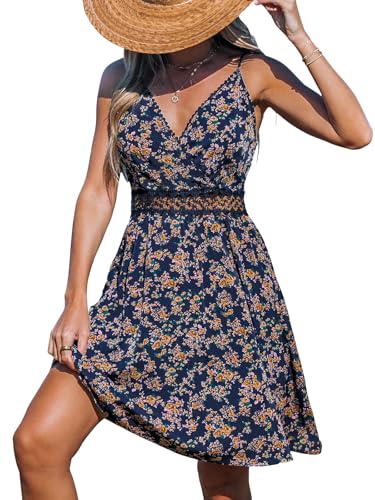 Image of CUPSHE Women Lace Summer Dress Adjustable Straps V Neck Cutout Waist Beach Vacation Mini Dress Floral Tropical Sun Dress