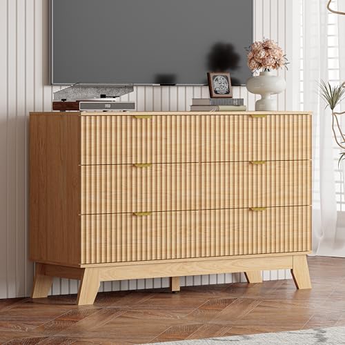 Image of Dresser 6 Drawer Dresser for Bedroom, 47''W Fluted Wooden Dresser Storage Cabinet and Chest of Drawers with Metal Handle, Storage Organizer for Living Room, Hallway, Entryway, Nature Oak