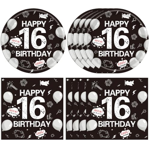 40Pcs 16th Birthday Decorations for Boys Girls Cool 16 Year Old Party Supplies Table Decor 16th Birthday Plates and Napkins Set for Teen 16 Years Old Party Favor Serve 20