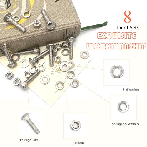 Image of 8 Sets 5 /16 inch-18 x1-1 /2 Carriage Bolts Round Head Square Neck Screws with Hex Nuts Flat Washers Spring Lock Washers 304 Stainless Steel Full Thread Coverage Square Neck Bolts Assortment Kit