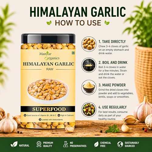 Image of ManHar Organics Kashmiri Garlic (Lehsun) 400g Jar | Direct from Farmers | Premium Himalayan Single Clove Garlic | Whole Bulbs