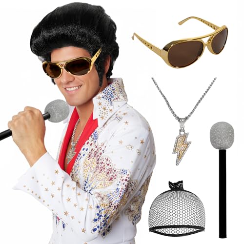 lipmo 5pcs Set 50s 60s Rock Legend Wig Costume with Sunglasses Simulated Microphone and Necklace for Cosplay Halloween Disco Party or Fun