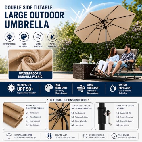 Image of Hukimoyo 8.5Ft Diameter Large Outdoor Patio Cantilever Offset Umbrella with Base Stand, Waterproof Heavy Duty Garden Parasol Sun Shade Canopy, Side Pole Umbrella for Backyard, Poolside, Deck, Lawn, Terrace, Cafe.