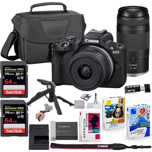 Canon EOS R50 Mirrorless Camera with 18-45mm & 75-300mm Lens Bundle +2X 64GB Extreme Memory Card Accessory Kit with Bag, Hand Grip Tripod & Software Package