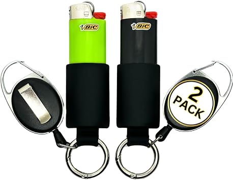 2 Pack of BIC Retractable Lighter Holders for J6 BIC Lighters to Easily Attach Your Keys or Bags. Leash Keychain Lighter Cases | Leash Case Sleeve Pouch | Lighters Not Included Black