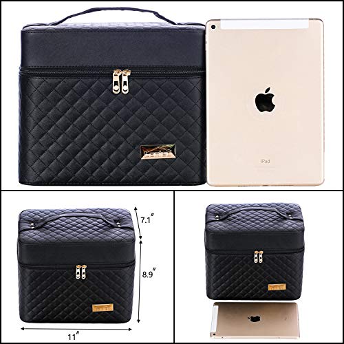 Image of Sooyee Makeup Bag Cosmetic Bag with Mirror, 4 Layer Foldable Tray Makeup Organizer Open to the Sides, Makeup Travel Bag for Women, Train Case, Black