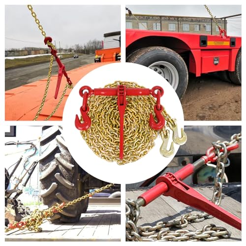 Image of FAHKNS 2 Pack 1 /4 inch-5 /16 inch Ratchet Binder with Chains Kit, G80 Chains 1 /4 inch x 12 FT-3150 lbs Safety Load Limit Heavy Duty Transportation