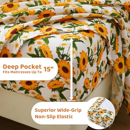 Image of Mooreeke Cozy Vintage Microfiber Printed Floral Full Sheet Set - Soft & Breathable Yellow Sunflower Bed Sheets with Extra Deep Pocket - Non-Slip Fitted Design - Sunflower Pattern - Full