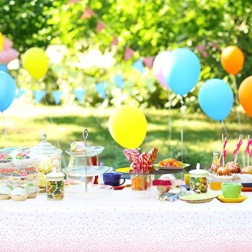 Image of Mulbozy 2 Pcs Rose Pink Dot White Plastic Tablecloth for Rectangle Table, Rose Pink Dot Confetti Party Table Covers for Baby Shower, Wedding, Anniversary, Birthday Party Decoration, 54 x 108 inches
