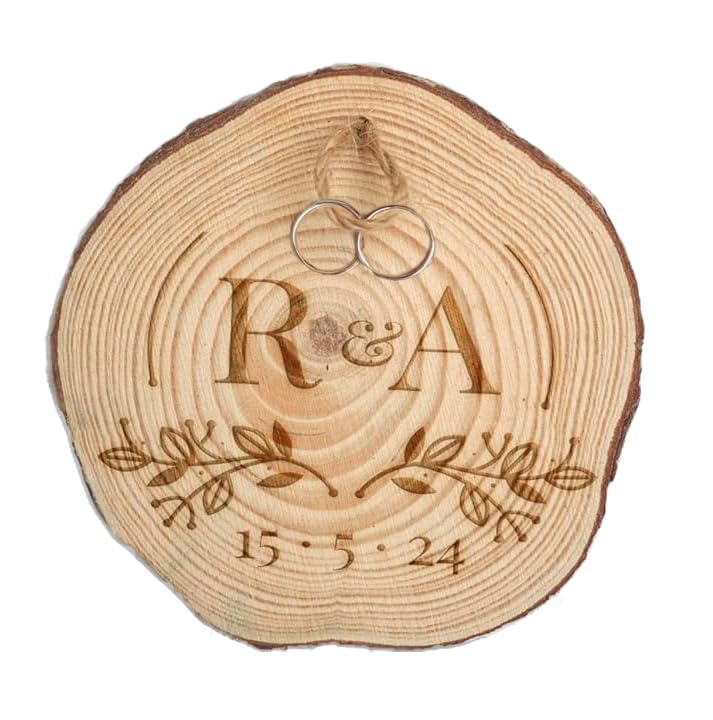 Porta Alianzas de Boda personalizable en Rodaja de Madera Natural (DISEÑO 3)