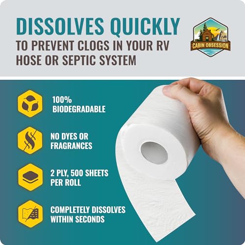 Image of RV Toilet Paper - 12 Pack Septic Safe Toilet Paper 2-Ply Quick Dissolving Camper Tissue Paper Septic Safe to Prevent Clogs - Perfect for Automotive RVs, Septic Tank Systems, Boats, and Camping