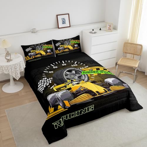 Image of Feelyou Kids Yellow Race Car Comforter Set Queen Size, Racing Car Bedding Set Karting Road Duvet Insert Boys Girls Teens Bedroom Decor 3Pcs