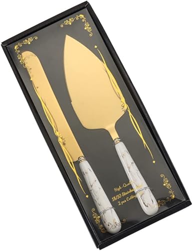 Juego de cuchillos y servidores para tartas de boda, juego de cuchillos dorados para tartas de boda, acero inoxidable, mango de cerámica, juego de
