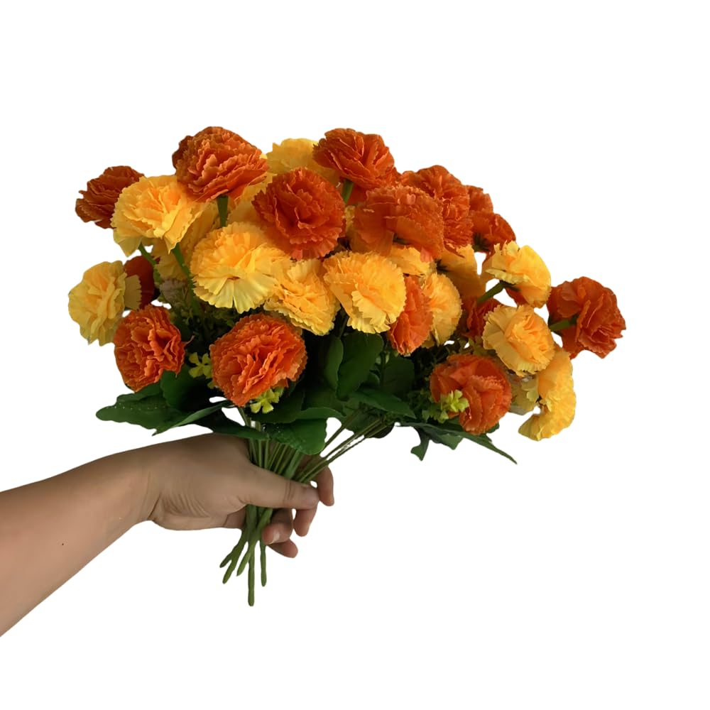 CURTEK 6 Bunches Bouquet of Artificial Silk Flower Carnations 14.2inch Fake Carnations Plastic Flowers 12 Flower Heads Per Bunch for Home Wedding Party Decoration (Yellow and Orange)