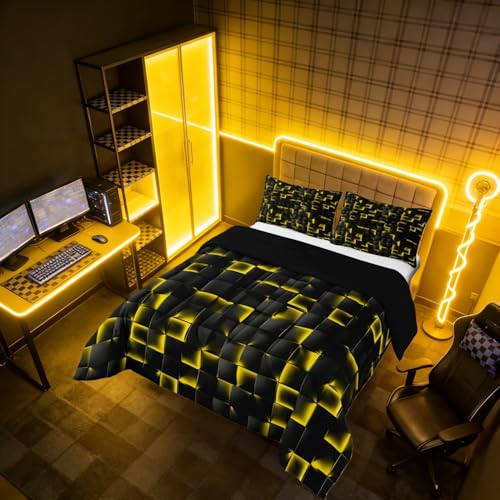Image of Erosebridal Geometric Checkered Comforter King Size Neon Black Gold Comforter Set for Kids Teen Men Gaming Room Decor,Abstract Ombre Plaid Bedding Set Grids Quilt Duvet