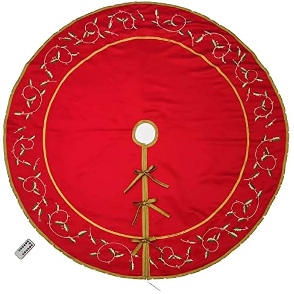 Halo Christmas Tree Skirt 50" rosso con le luci programmabili del LED, gonna dell'albero del confine del ricamo dell'agrifoglio per la decorazione dell'albero di Natale