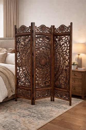Image of Wooden Room Divider Partition for Living Room Bedroom & Office Foldable Modern Decorative Partition for Home, Pooja Room & Studio - Space Saving Freestanding (6 Feet 3 Panel Colour Brown)