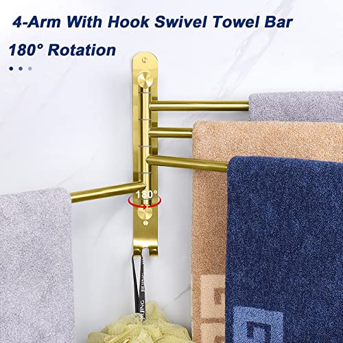 Nearmoon Swivel Towel Rack, Thicken Sus304 Stainless Steel 4-Arm Towel Bar, Space Saving Wall Mounted Towel Holder With Hook, Rustproof Swing Out Towel Hanger For Bathroom, Kitchen thumb #2