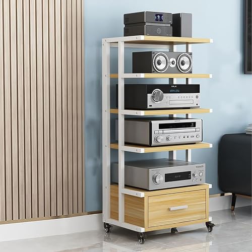 JIAHESHYP Multifunction 5-Tier Media Player Stand, DVD CD Player Stand, with Height-Adjustable Wooden Frame and Universal Wheels Suitable for Home/Office/Theater (Color : A)