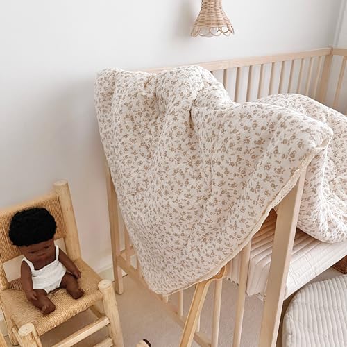 Image of BuLuTu Beige Baby Blanket Flower Print Kid Quilt for Girls Boys Muslin Toddler Quilts for Kids Bed Breathable Comforter Bedding Decor Birthday Gifts, Camellia Pattern, 60x78 Inches