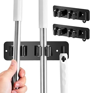NisuAM 2 Pack Broom Holder Wall Mount with 2 Slots 1 Hooks, Broom Hanger Self Adhesive, Garage Organization Garage Storage Stainless Steel Broom Mop Organized Wall Mounted Garage,Laundry room