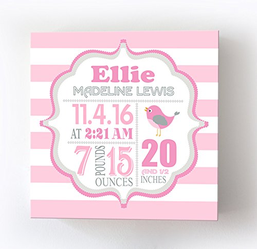 Personalized Stretched Canvas, Striped Birth Announcement, Custom Baby Name, Date, Weight Stats, Safari Lovebird Nursery Wall Decor, Wooden Frame Construction, Ready to Hang 24X24