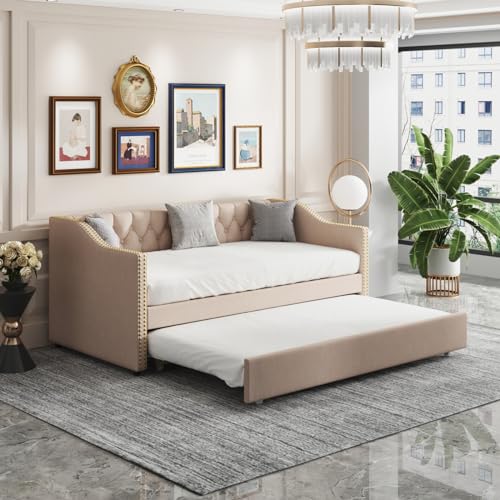 SUNFECILI Cama de día extensible, 90 x 200 cm, sofá cama tapizada con cama nido y somier, sofá cama de 2 plazas convertible en una cama, cama funcional juvenil (beige)