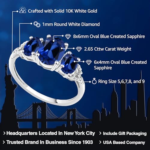 Gem Stone King 10K White Gold Oval Blue Created Sapphire and Diamond Accent 3-Stone Engagement Ring For Women | 2.65 Cttw | Gemstone Birthstone | Available In Size 5-9.52